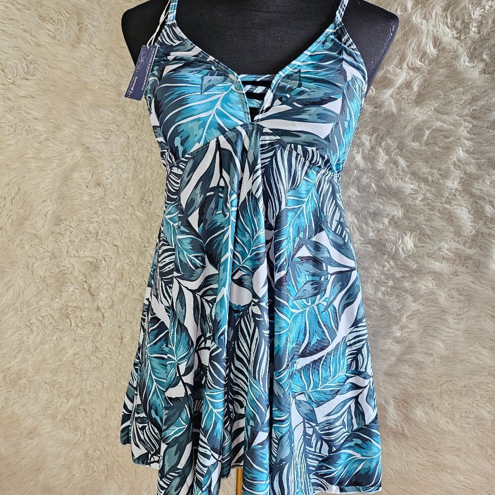 Summer Mae Women's Teal Blue Tropical Leaf Print Tankini Swim Set Size: M